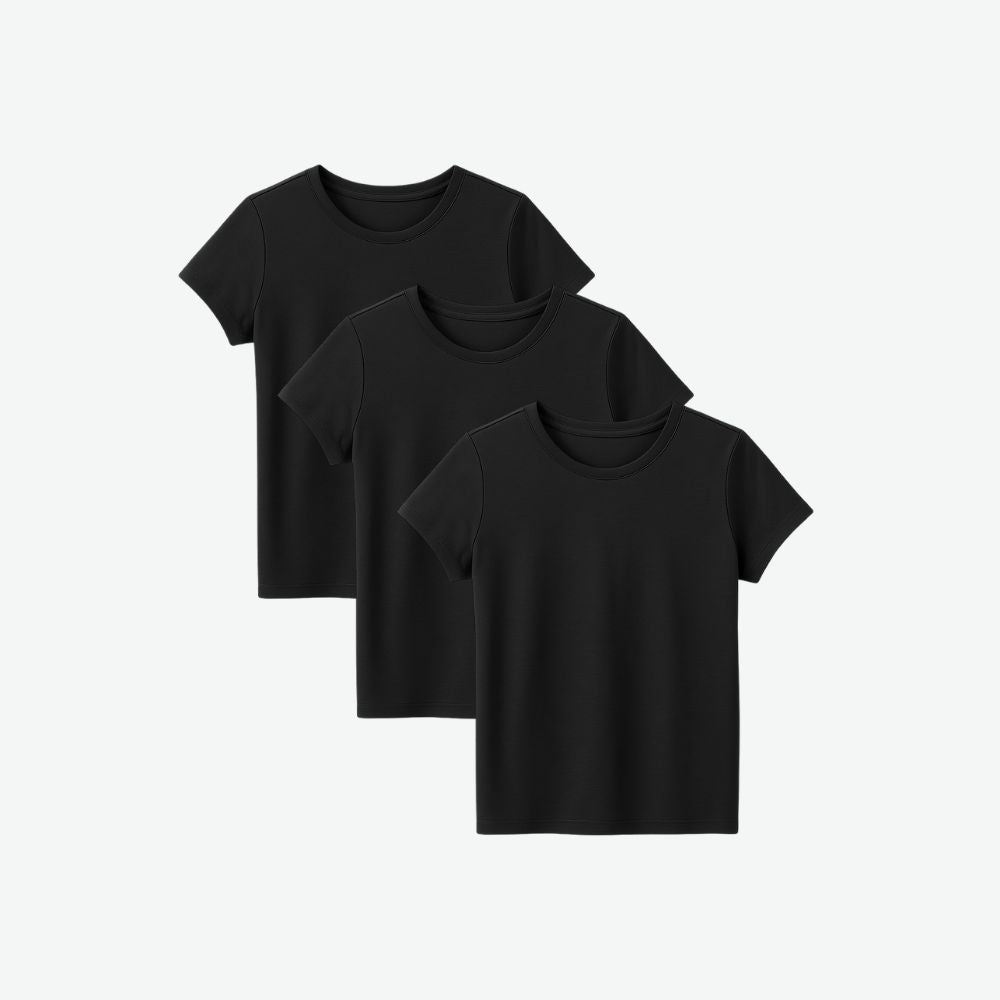 Three-pack of black cotton t-shirts for women with minimalist design and soft breathable fabric, perfect for everyday wear