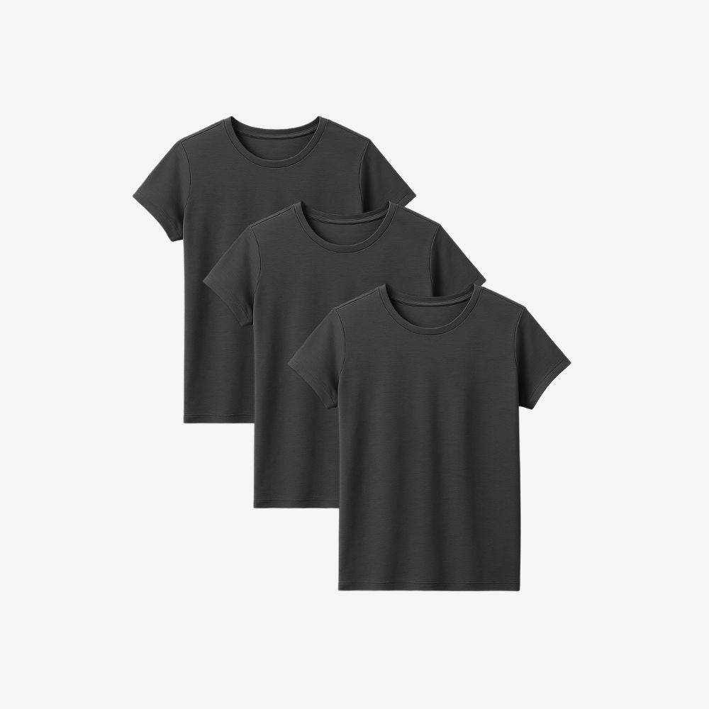 Three-pack of dark grey women’s t-shirts in soft cotton, minimalist design ideal for casual and techwear-inspired outfits