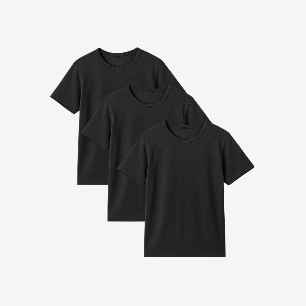 3-Pack Men’s Tech T-Shirts in Black – Front View on White Background – Fioranzo