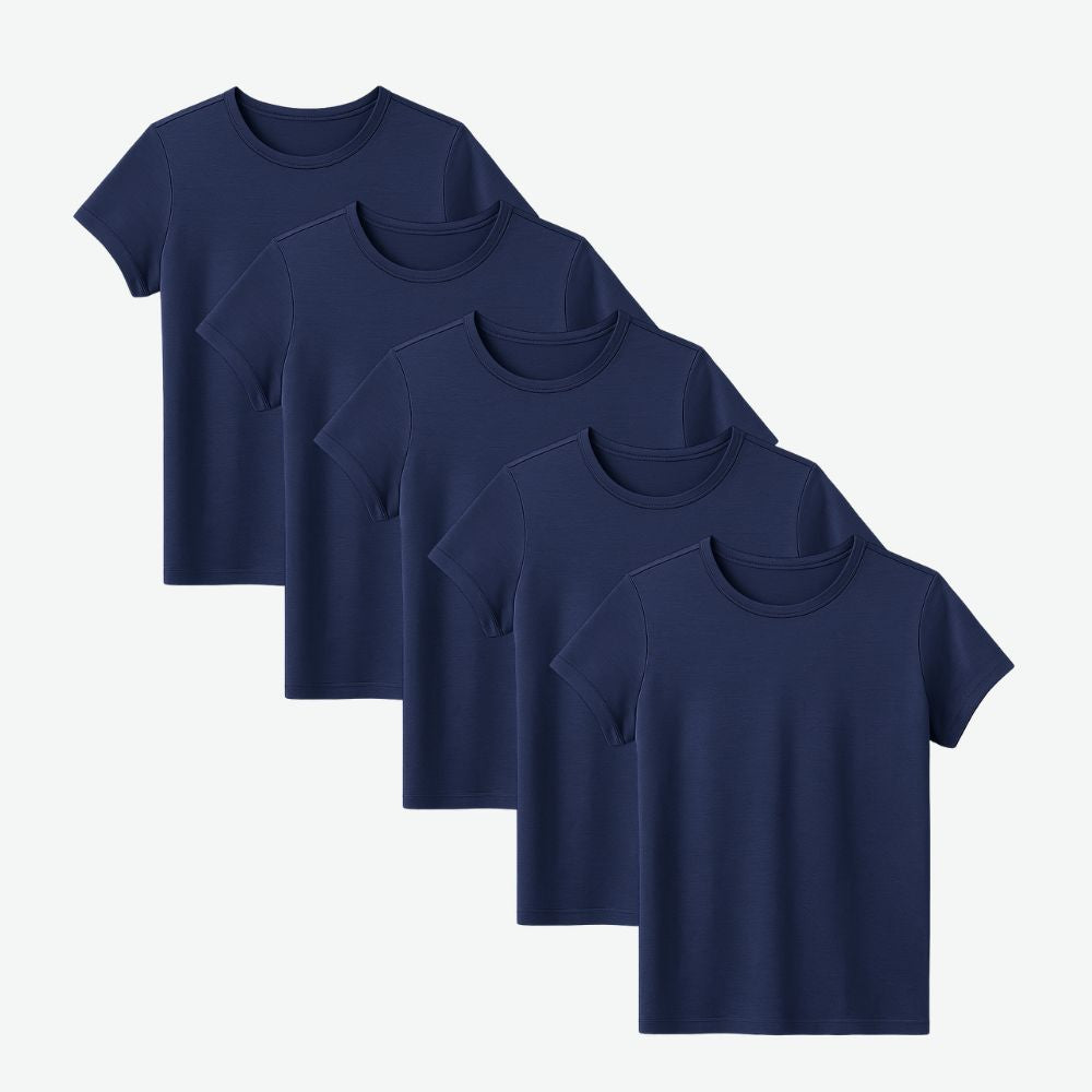 Five-pack of women’s navy blue t-shirts with breathable cotton fabric, minimalist fit and versatile everyday wear