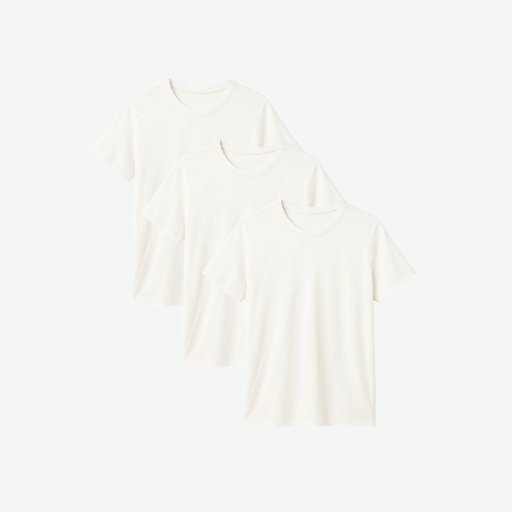 Three-pack of women’s white t-shirts made from soft breathable cotton with minimalist fit for everyday wear