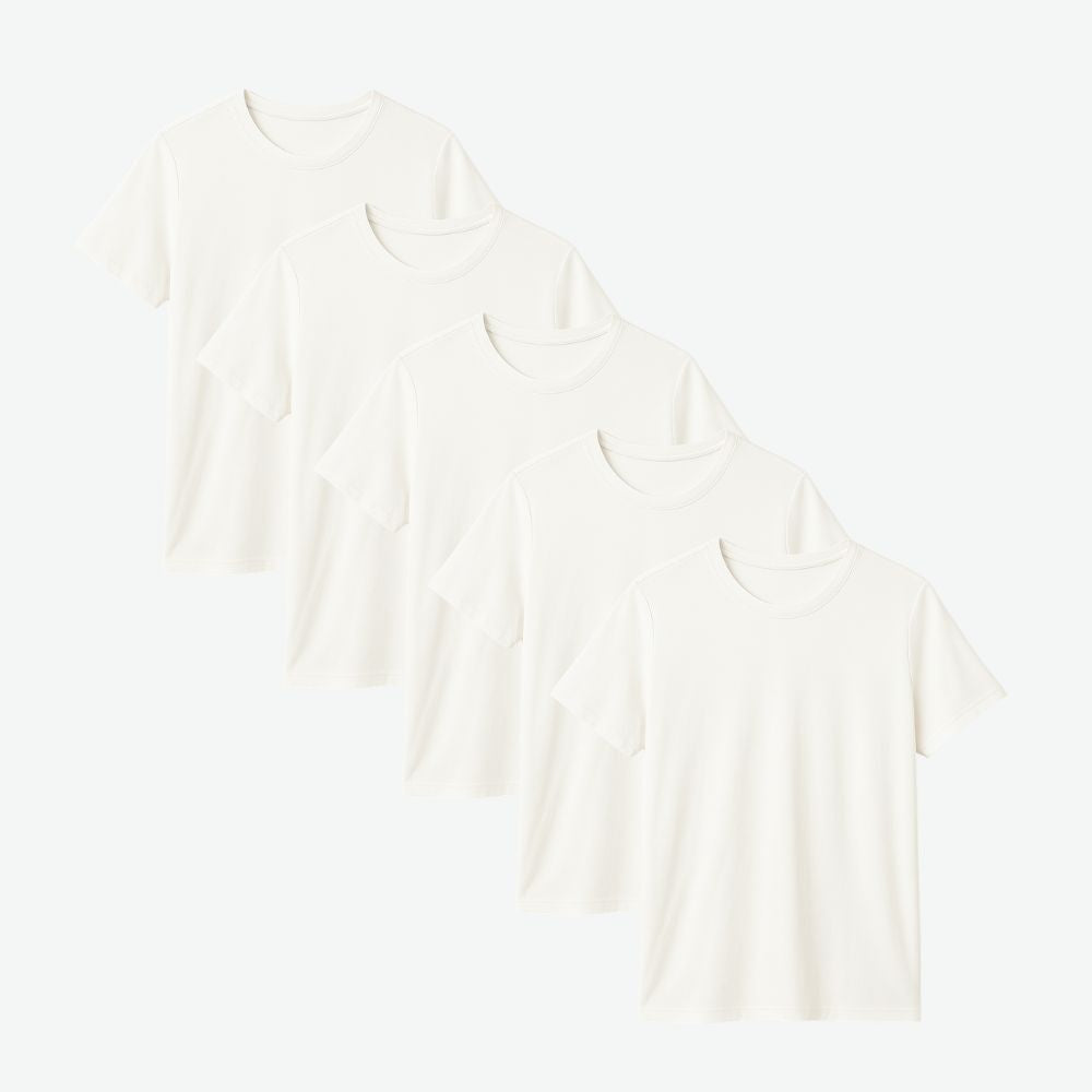Five-pack of women’s white t-shirts in breathable soft cotton with minimalist fit, perfect for casual everyday outfits