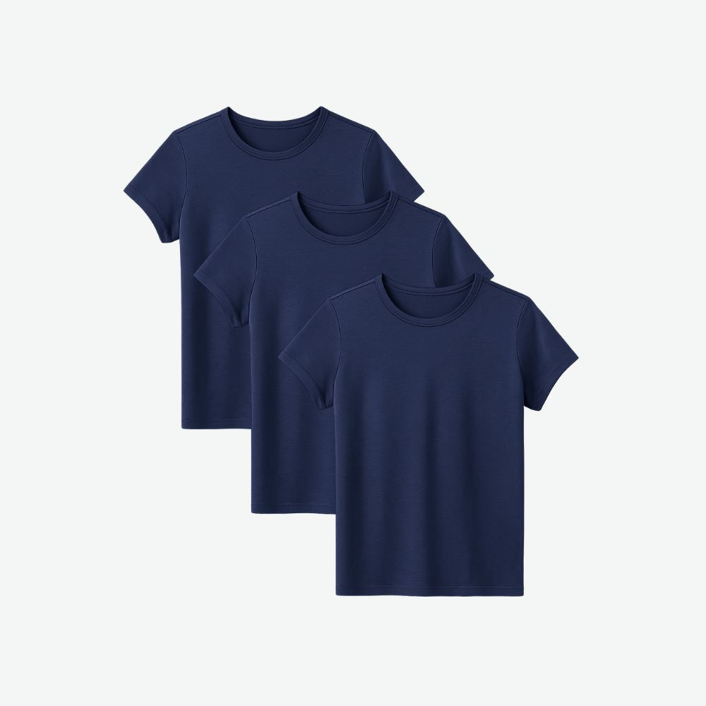 Three-pack of women’s navy blue t-shirts made from soft cotton, minimalist design ideal for casual everyday outfits
