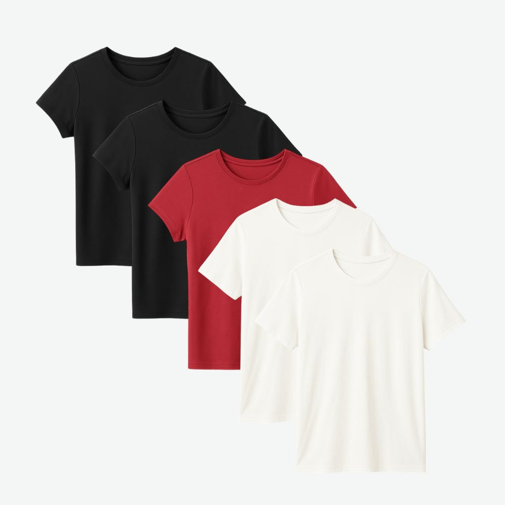 Four-pack of women’s t-shirts in black, red and white tones with minimalist fit and breathable cotton fabric for everyday comfort