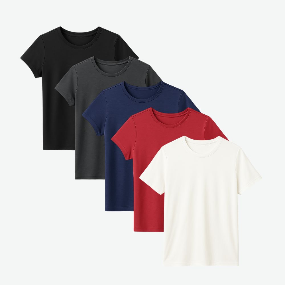 Five-pack of multicolour women’s t-shirts in black, grey, navy, red and white with soft cotton fabric and minimalist fit for everyday wear