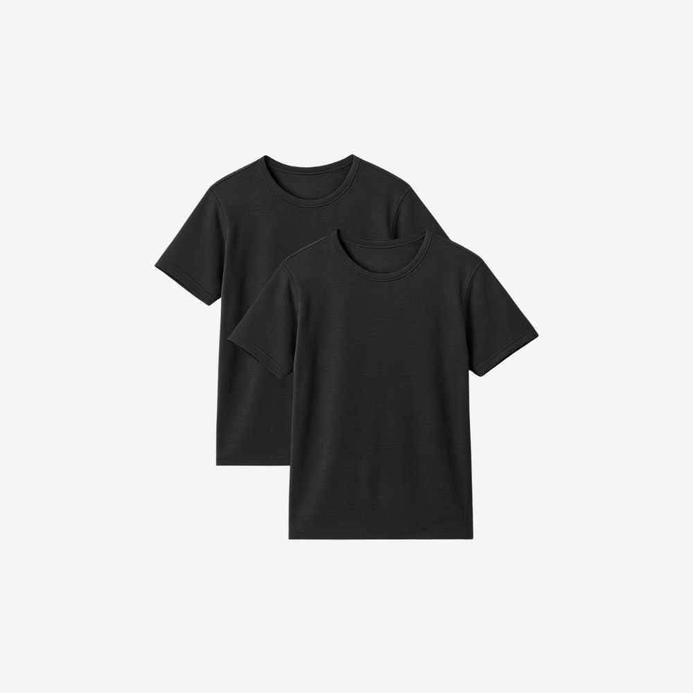 Flat lay of 2 black Fioranzo Men’s Tech T-Shirts with clean seams and breathable minimalist design – lightweight and quick-dry performance