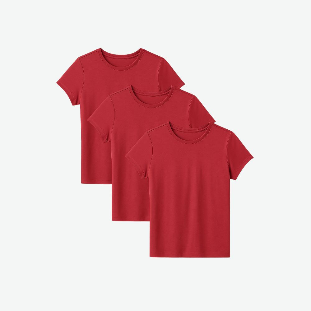 Set of three women’s red t-shirts, soft-touch cotton with a casual minimalist cut perfect for everyday styling