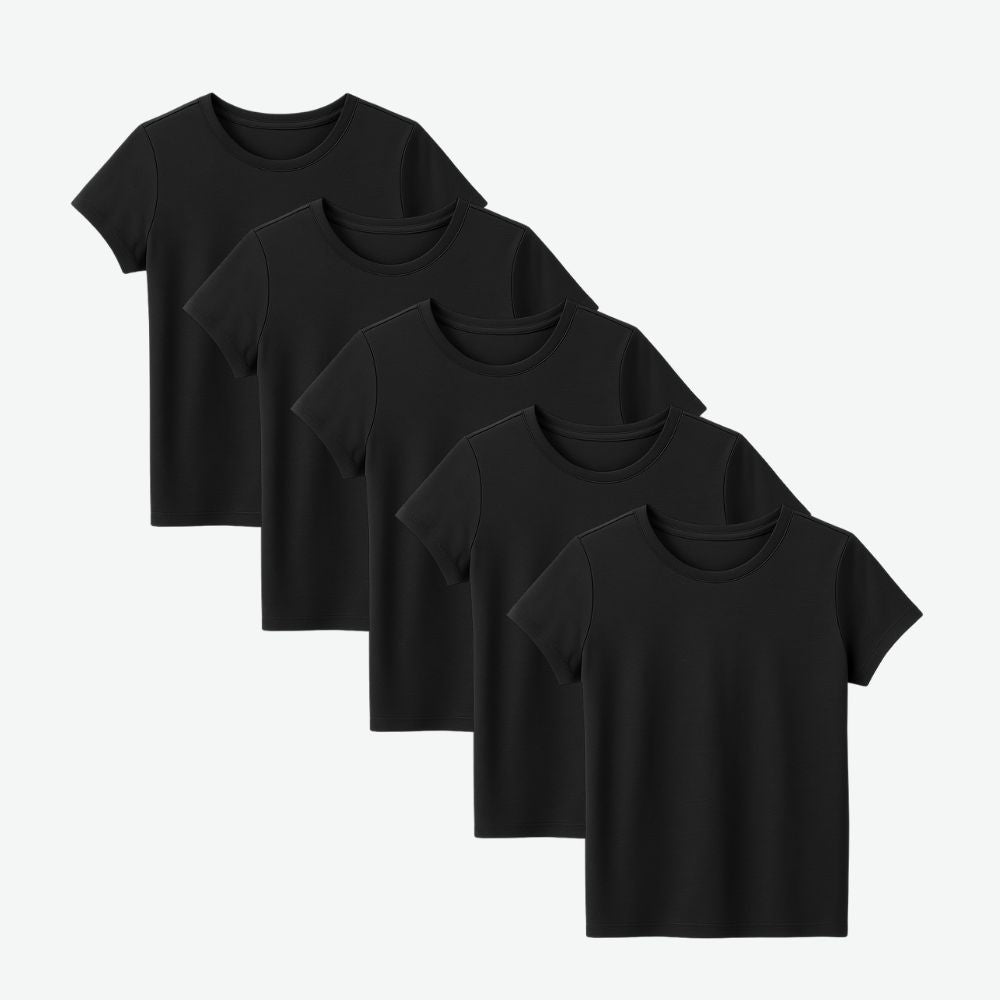 Five-pack of women’s black cotton t-shirts with minimalist fit, soft breathable fabric and ideal for everyday wear