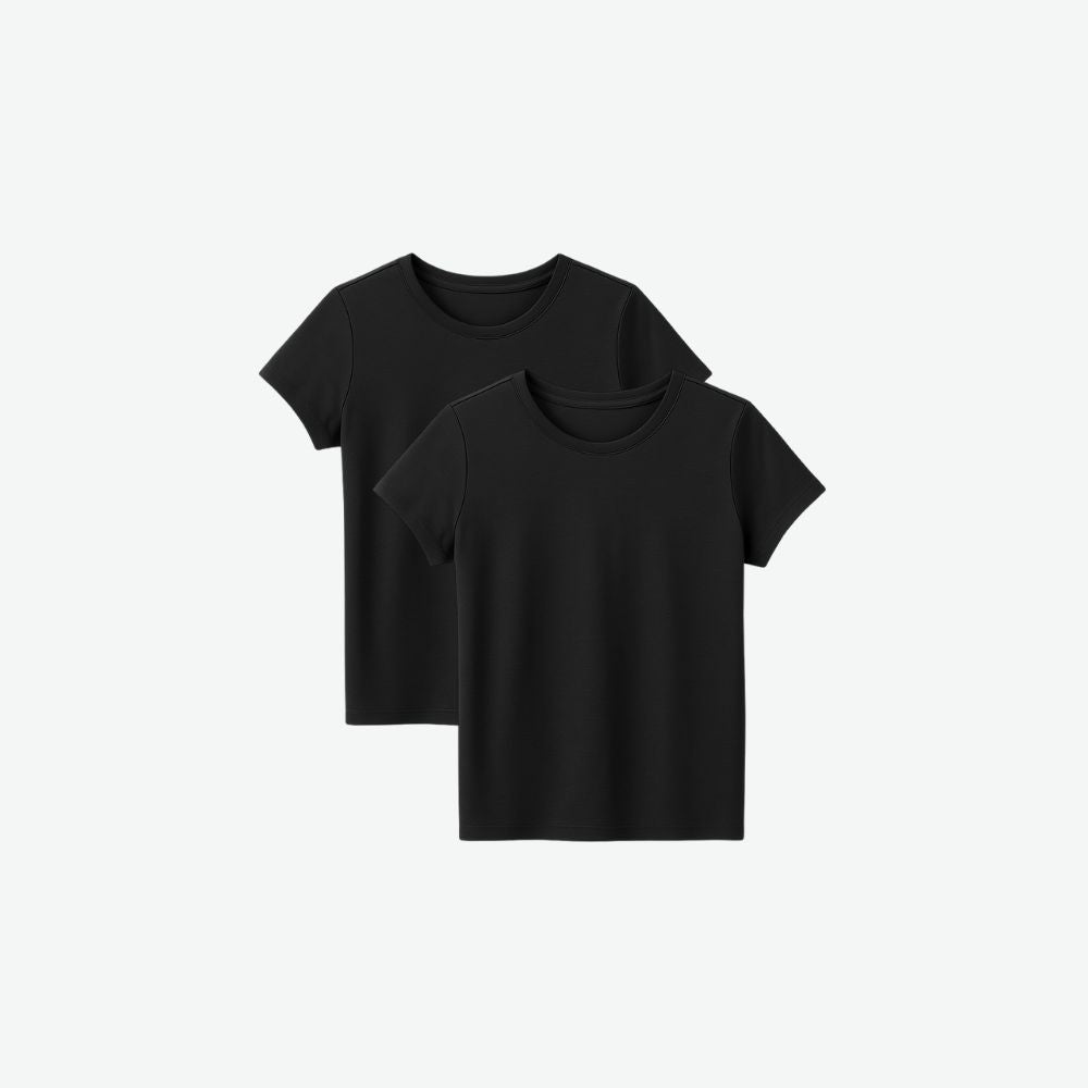 Two-pack of black techwear t-shirts for women, minimalist fit and breathable fabric for everyday wear