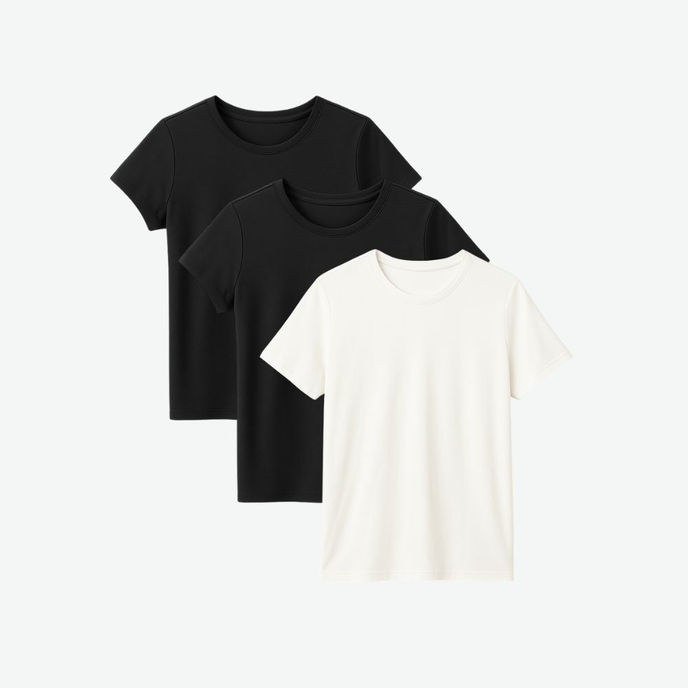 Three-pack of women’s black and white techwear t-shirts, breathable minimalist style for versatile everyday use