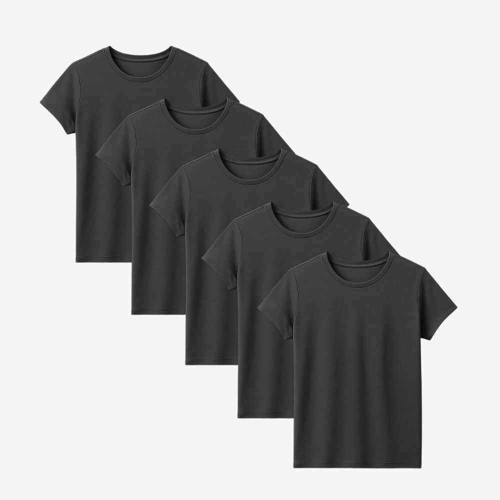 Five-pack of dark grey women’s cotton t-shirts, minimalist techwear design for breathable, everyday versatility