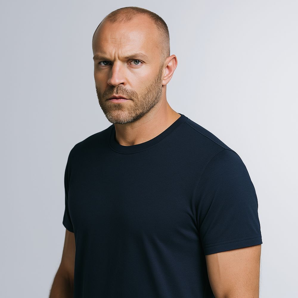 model wearing navy blue tech t-shirt in studio front view – Fioranzo Men

