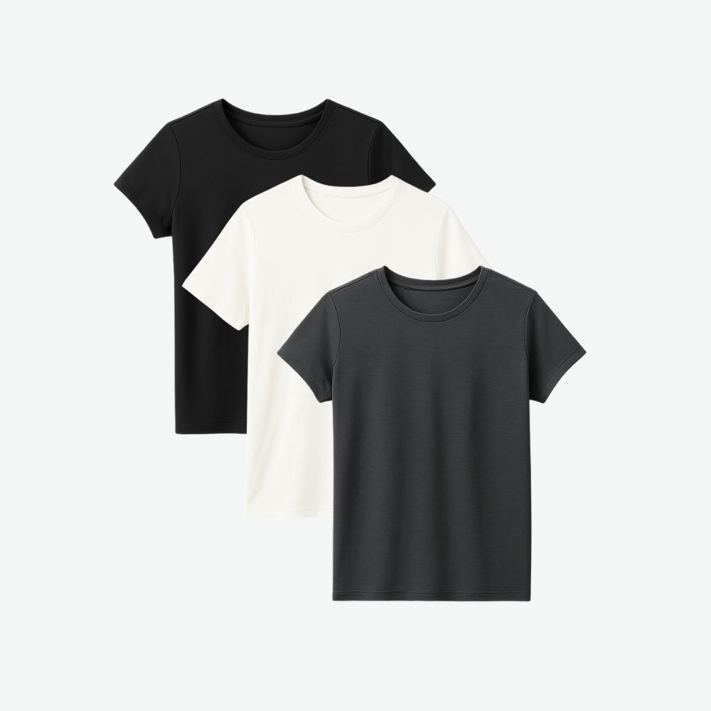 Three neutral-tone t-shirts for women in black, white and grey, soft cotton minimalist design for everyday comfort