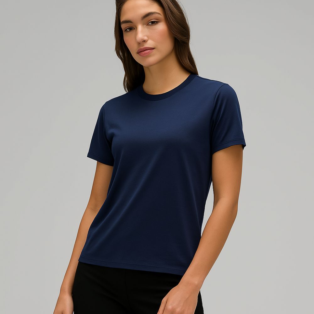 woman wearing navy blue tech t-shirt – breathable minimalist fabric ideal for casual fashion and everyday wear

