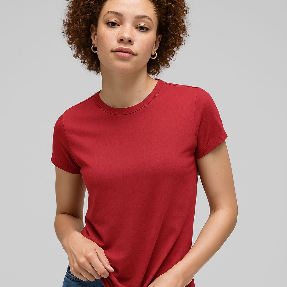 close-up of woman in red tech t-shirt – breathable minimalist clothing for everyday comfort and fashion