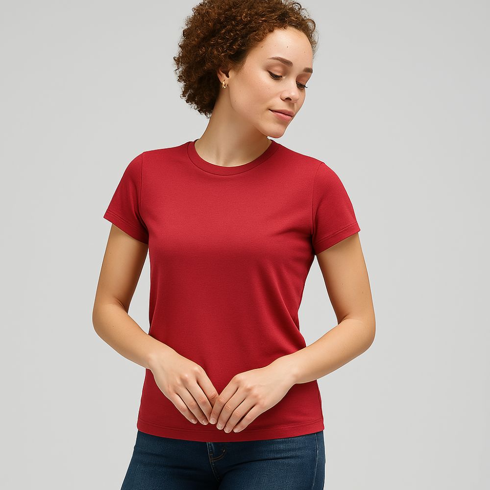 woman wearing red tech t-shirt – breathable minimalist design for gym, streetwear and daily use