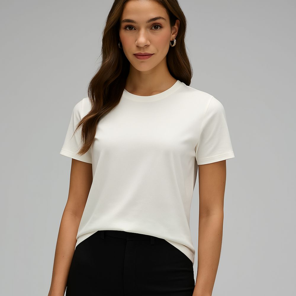 woman wearing white tech t-shirt – minimalist breathable design for everyday comfort, gym and fashion looks