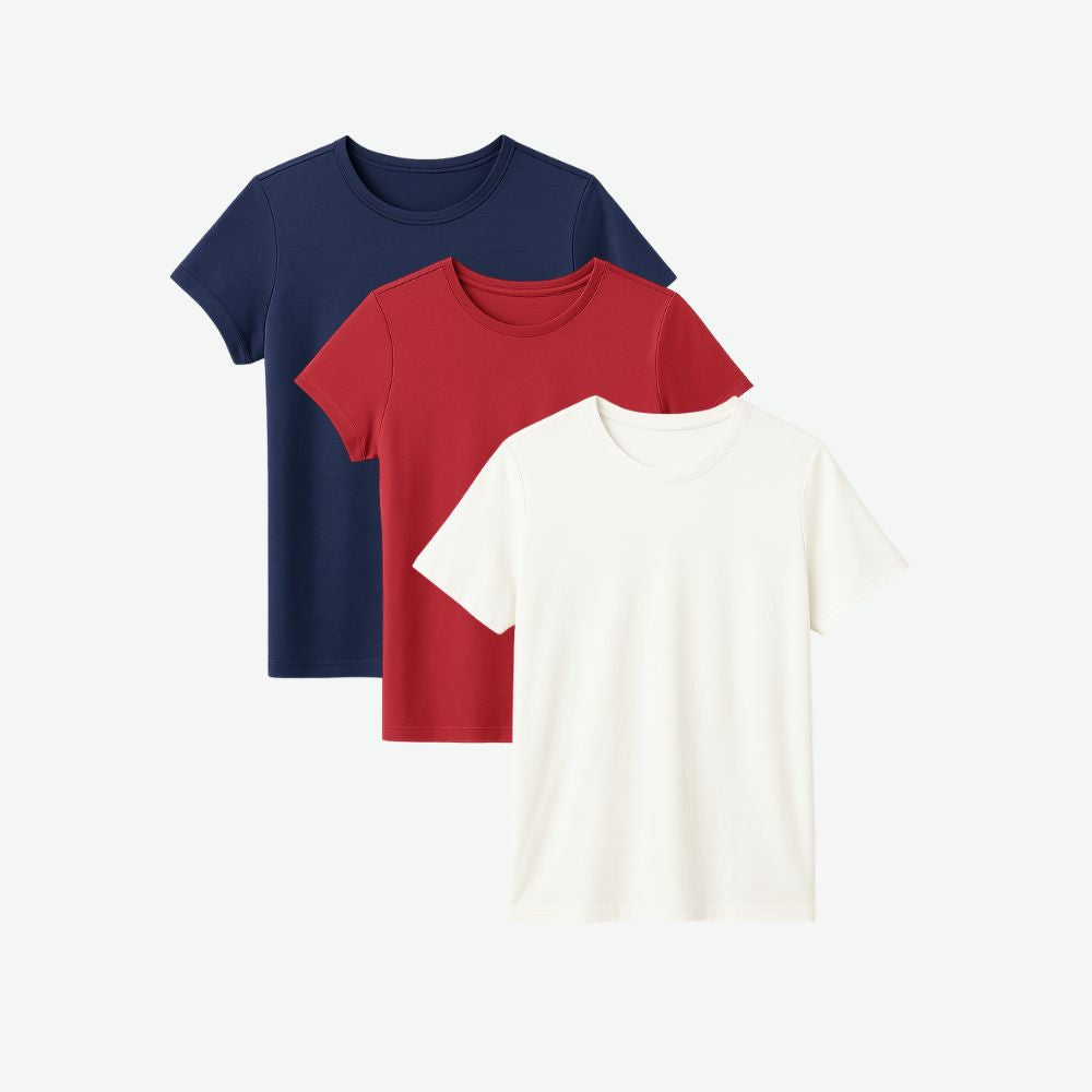 Three-pack of women’s colour t-shirts in navy blue, red and white, minimalist casual style with breathable soft fabric