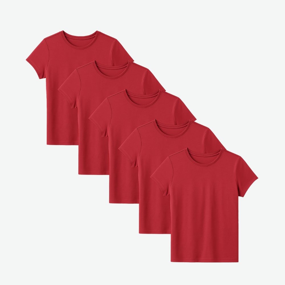 Five-pack of women’s red cotton t-shirts with minimalist casual fit, breathable fabric for everyday comfort and bold style
