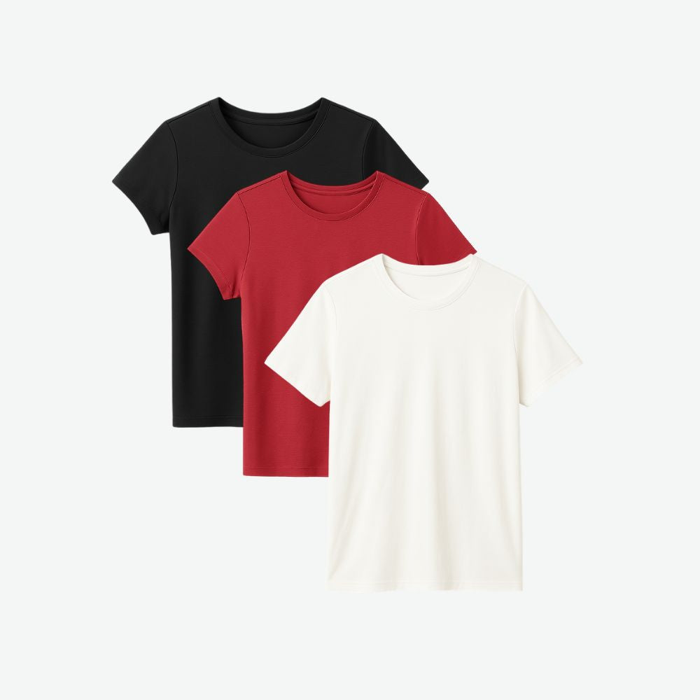 Three-pack of women’s t-shirts in black, red and white, breathable cotton fabric and minimalist everyday design