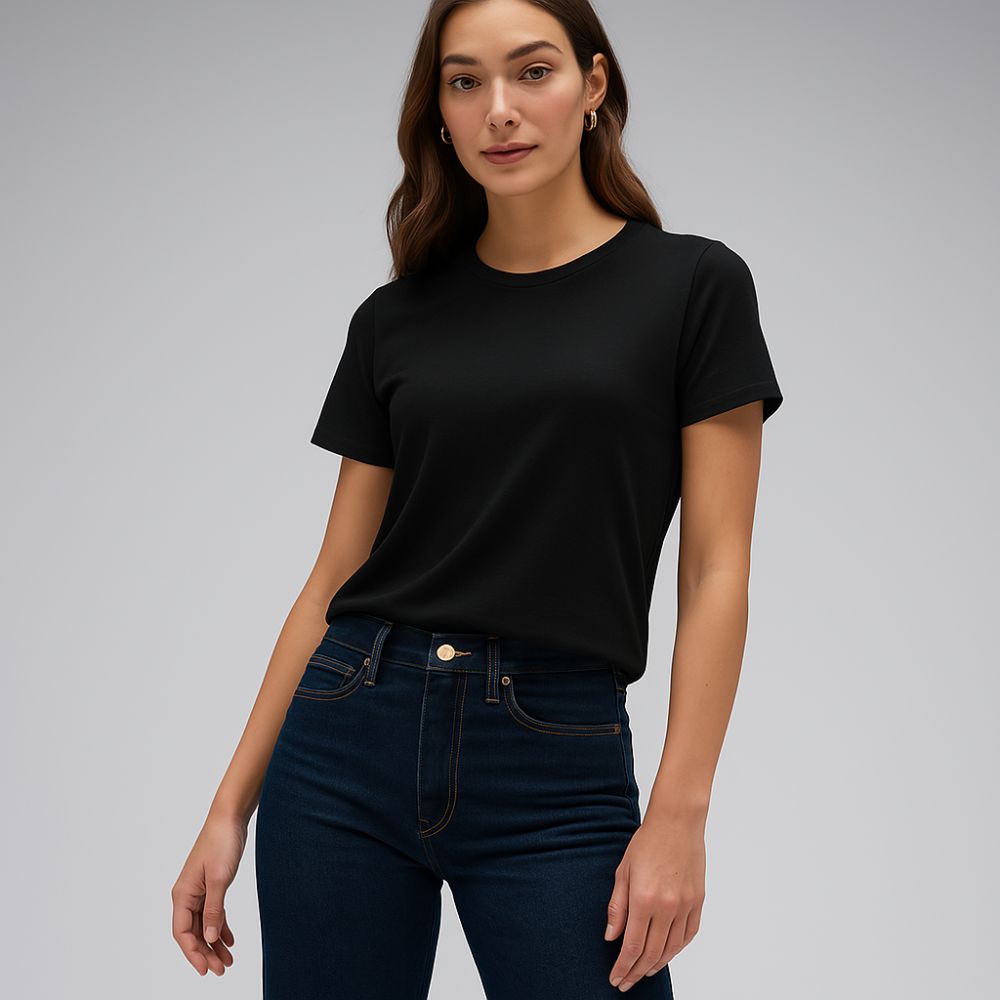 woman wearing black tech t-shirt – lightweight breathable fabric for minimalist everyday wear and gym outfits