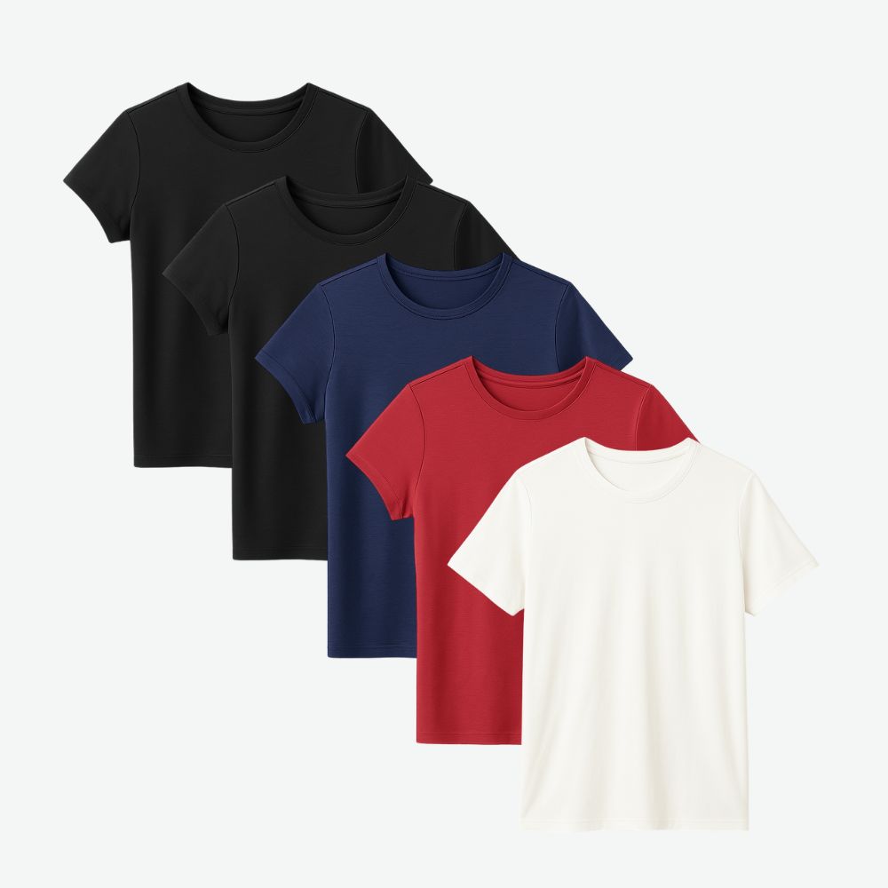 Four-pack of women’s cotton t-shirts in black, navy blue, red and white, minimalist design with breathable everyday comfort