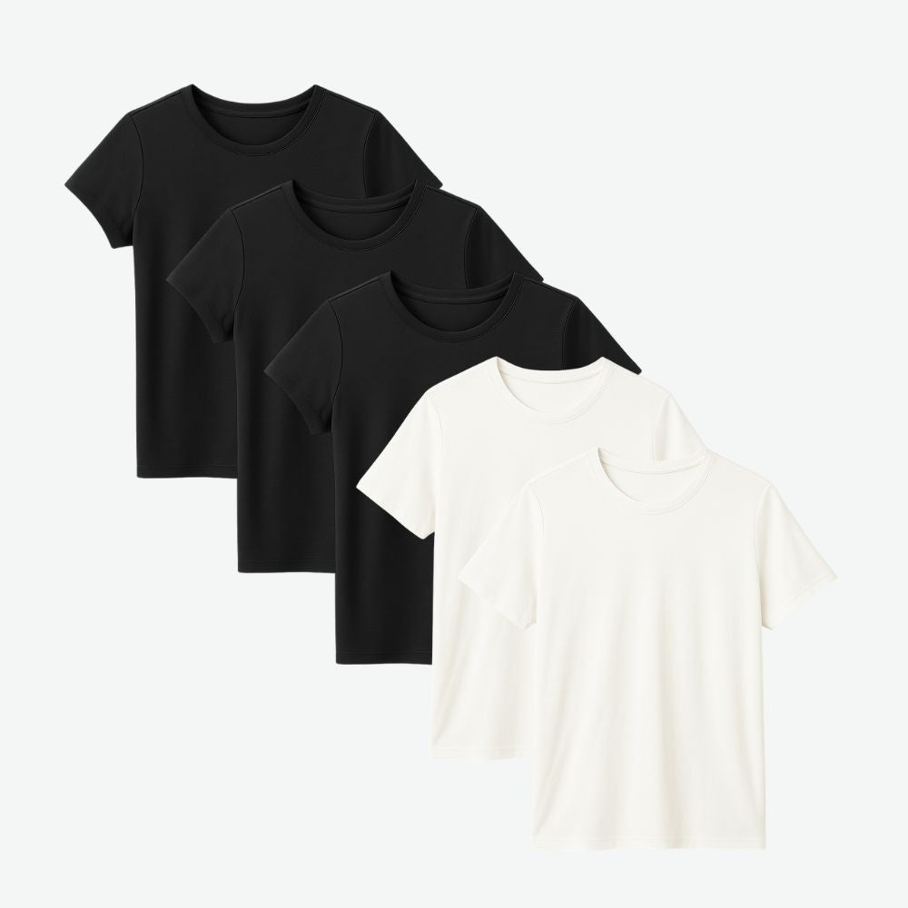 Four-pack of women’s black and white t-shirts, minimalist cotton tops designed for breathable everyday comfort and versatile style

