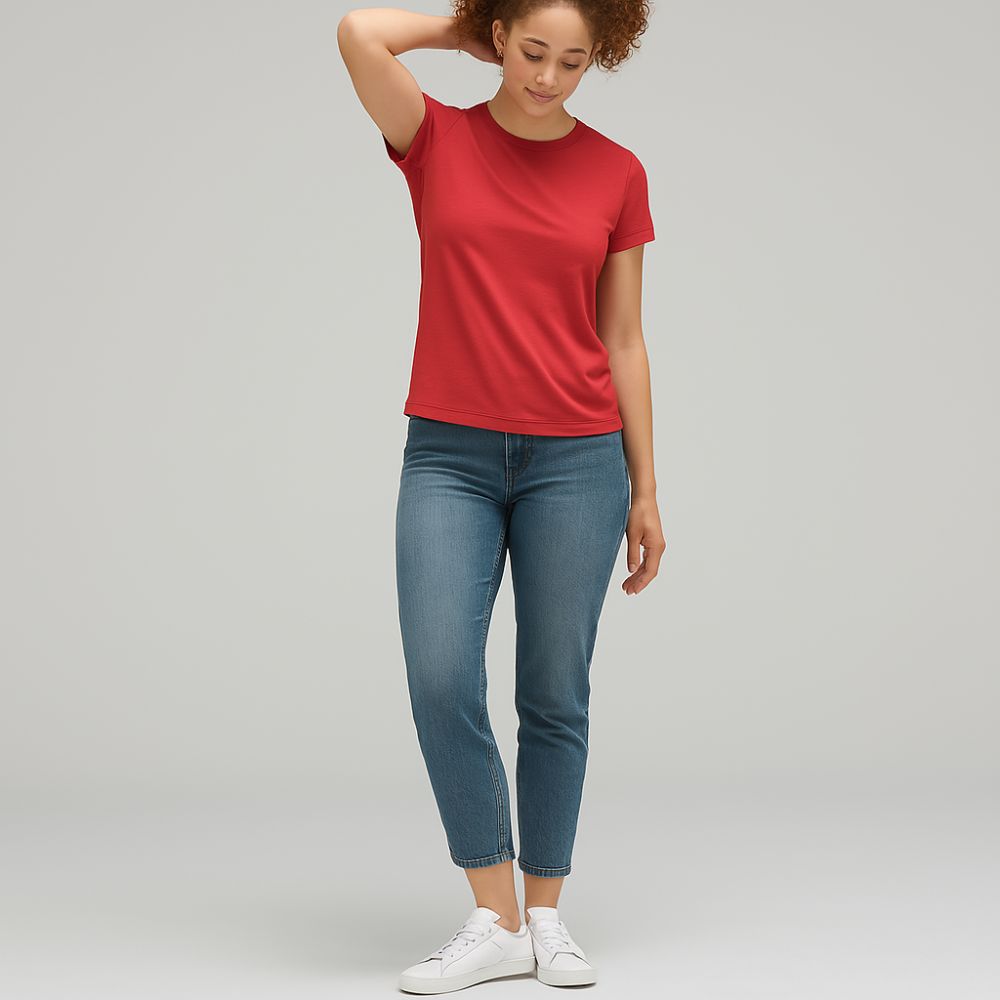 woman wearing red techwear t-shirt – breathable minimalist outfit for casual, gym and everyday fashion
